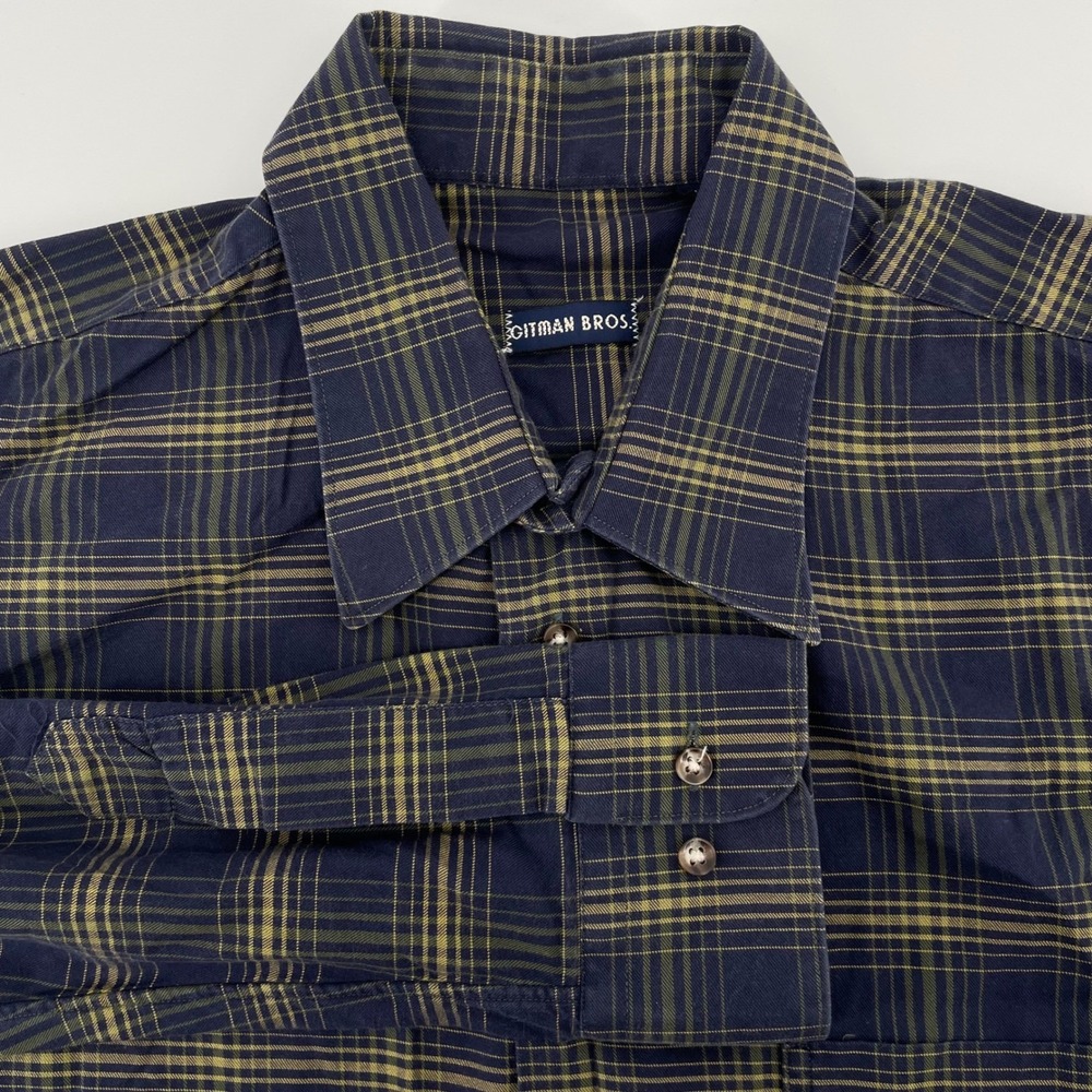 Gitman Bros Mens Large Navy Blue Olive Green Plaid Cotton Button Down Shirt USA
